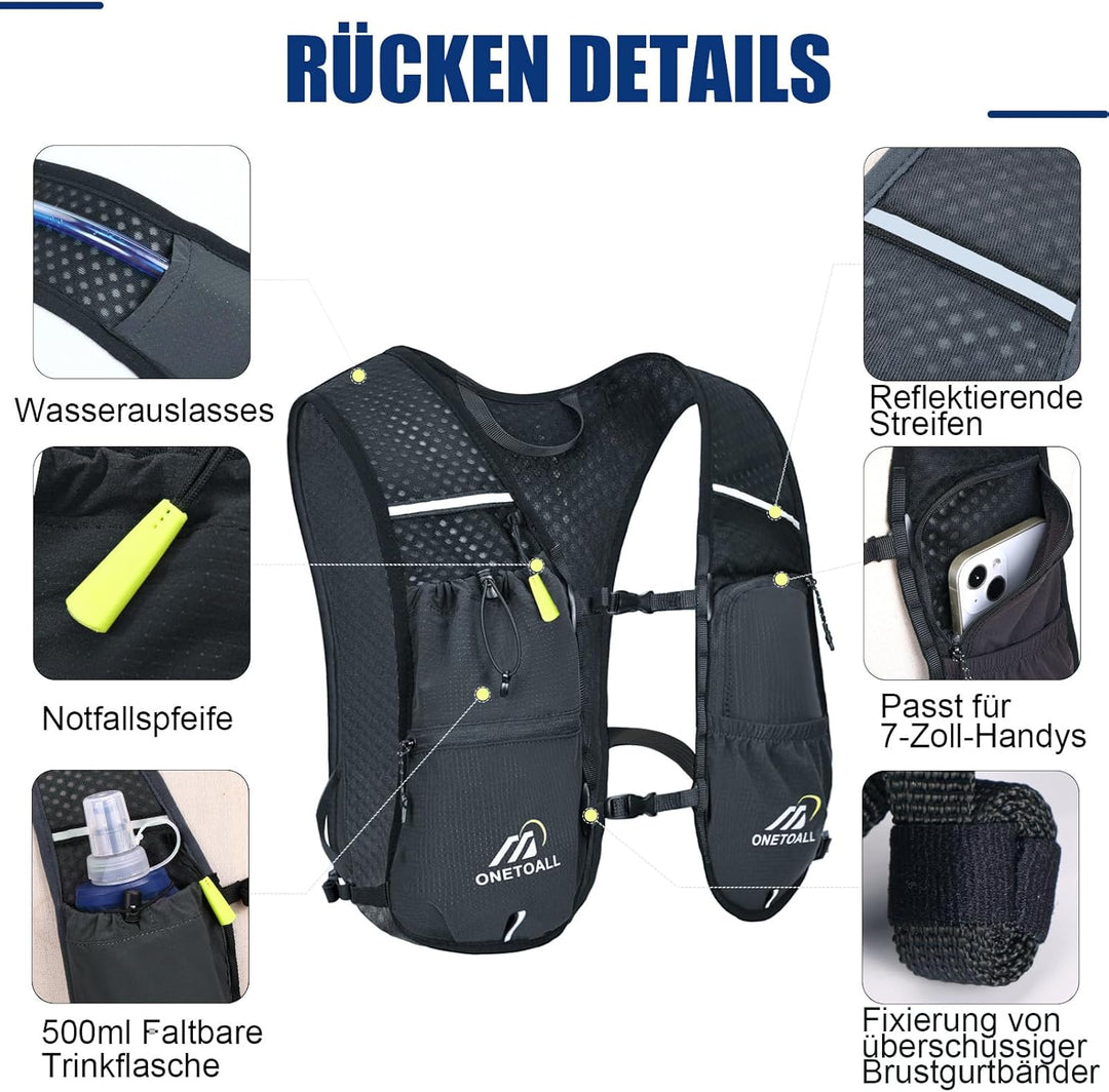Laufweste Damen mit 500ml Trinkflasche/2L Trinkblase, Leichter Trinkrucksack Laufen Herren 6L, Runin