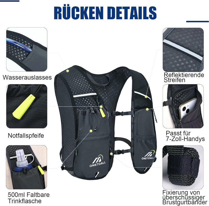 Laufweste Damen mit 500ml Trinkflasche/2L Trinkblase, Leichter Trinkrucksack Laufen Herren 6L, Runin