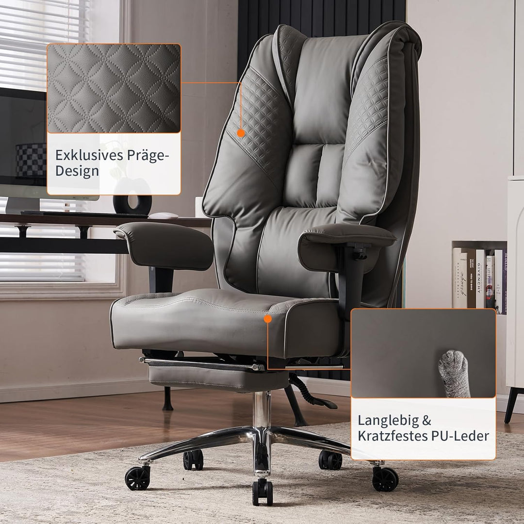 Bürostuhl Ergonomisch, Chefsessel mit Hoher Rückenlehne, Verstellbaren Armlehnen und Breitem Sitz, P
