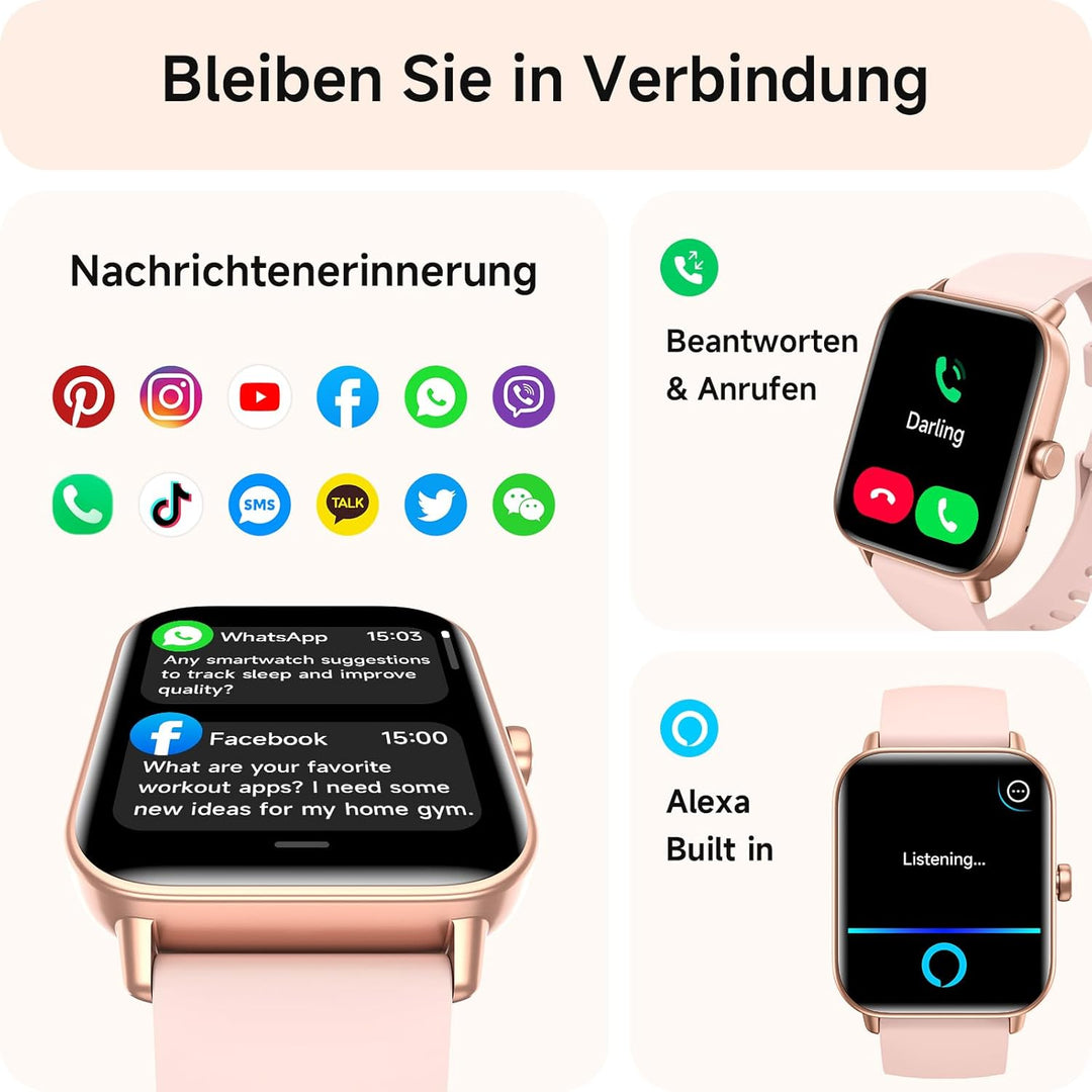 Smartwatch Damen mit Telefonfunktion,1.8" Smart Watch Fitnessuhr mit Whatsapp und Alexa,Herzfrequenz