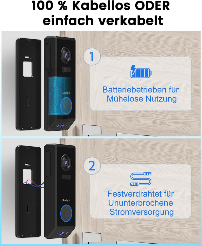 Video Türklingel mit Doppelkamera, Bextgoo 2K HD Türklingel mit Kamera Kabellos, 10000mAh Akku, Bewe