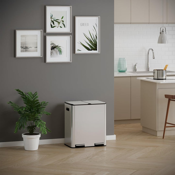 STEELSØN Elyron Mülleimer 2 Fächer – Mülltrennsystem Küche 2x30L aus Edelstahl Silber – Tretmülleime