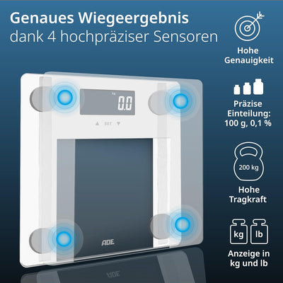 ADE Digitale Körperfettwaage bis 200 kg | Personenwaage für Körperfett, BMI, Muskelmasse, Körperwass