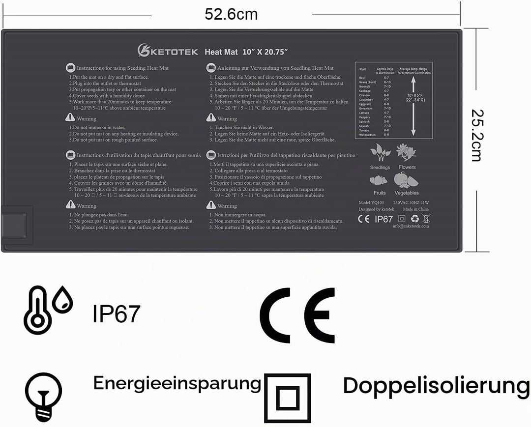 KETOTEK Sämling Heizmatte Pflanzen Anzucht Pflanzenheizmatten Samen Wärmematte Wasserdicht 230V 220V