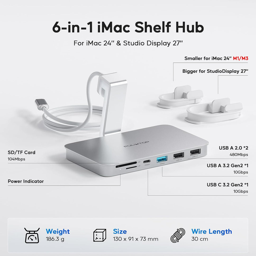USB C Hub für iMac M1/M3/M4, iMac Zubehör 6 in 1 mit USB C 3.2 Gen 2, USB A 3.2 Gen 2, SD&TF, 2 x US