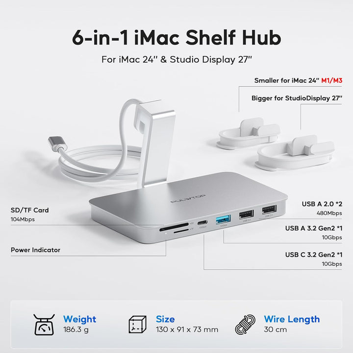 USB C Hub für iMac M1/M3/M4, iMac Zubehör 6 in 1 mit USB C 3.2 Gen 2, USB A 3.2 Gen 2, SD&TF, 2 x US