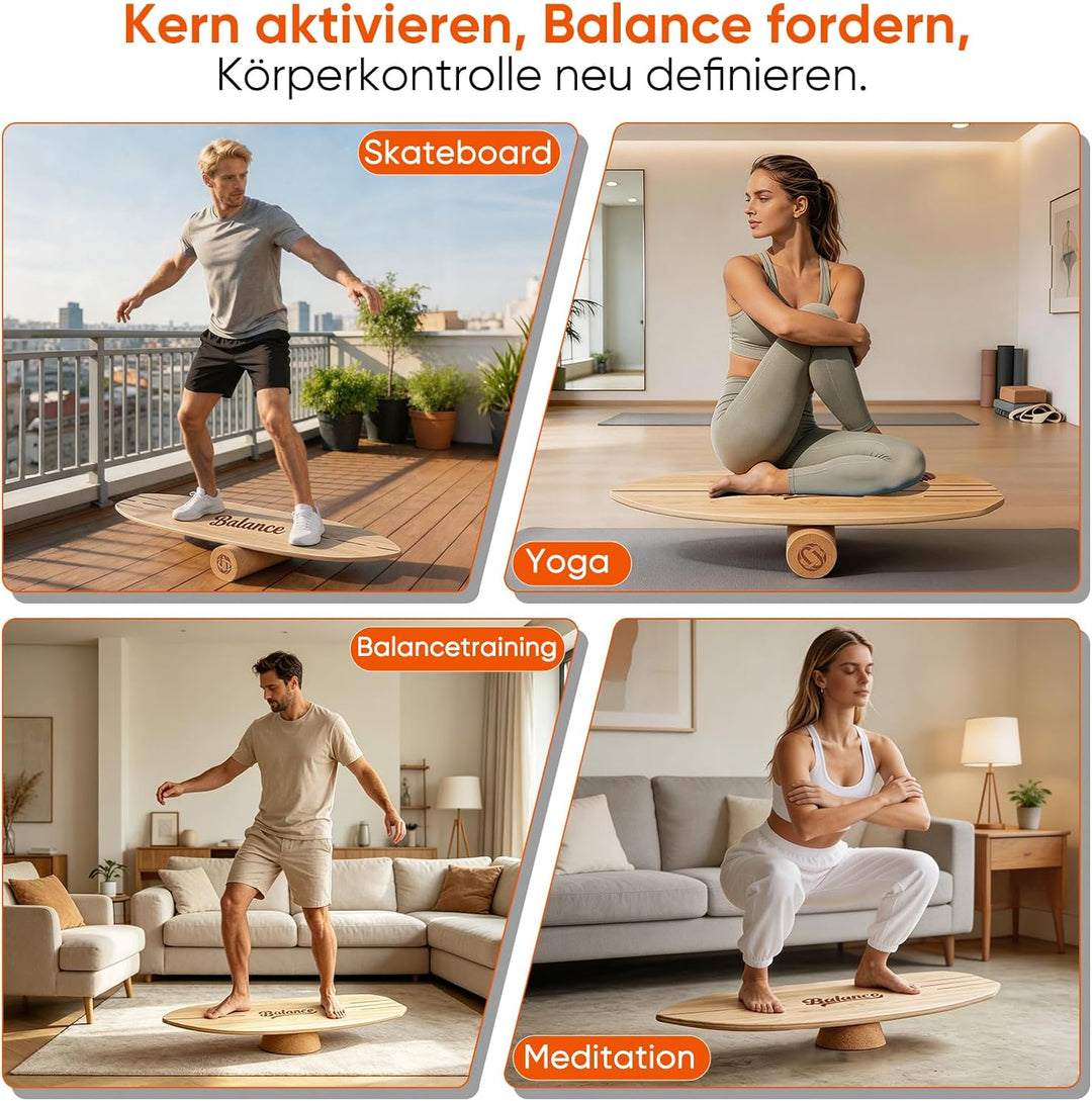 Balance Board Komplett-Set aus Massivholz – 4-in-1 Gleichgewichtsboard mit Rolle, Halbkugel &amp; Faszie