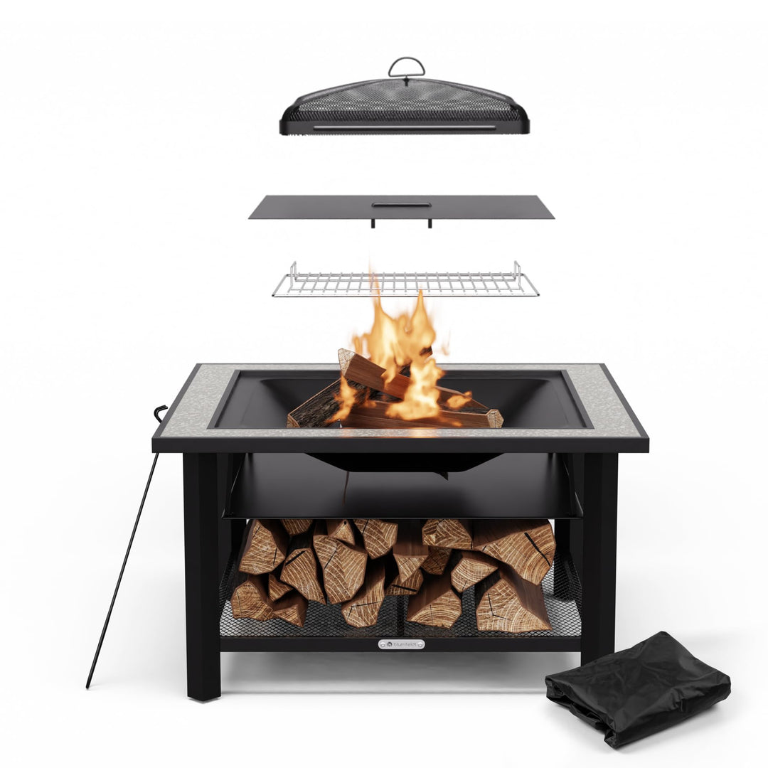 Blumfeldt Merano Avanzato Feuerschale - 3-in-1 Feuerschale Mit Grillrost & Tisch, Robuster Stahlrahm