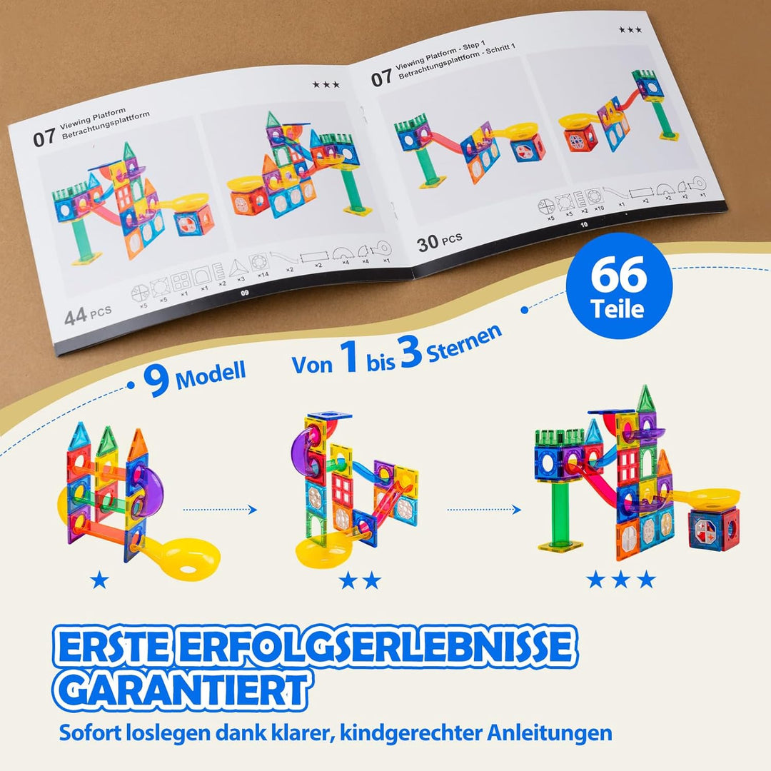 Magnetische Kugelbahn Erweiterungsset 66 Teile – 7,5cm Standardgrösse & 100% kompatibel mit gängigen