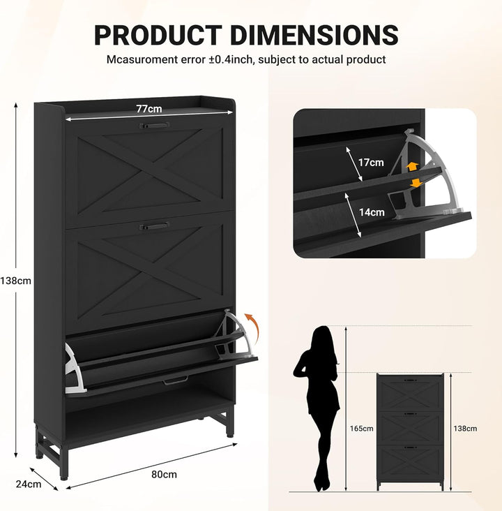 Hawthyhome Schuhkipper schmal mit 3 Klappen, höher Schuhschrank für 18-24 Paar Schuhe, Schmaler Schu