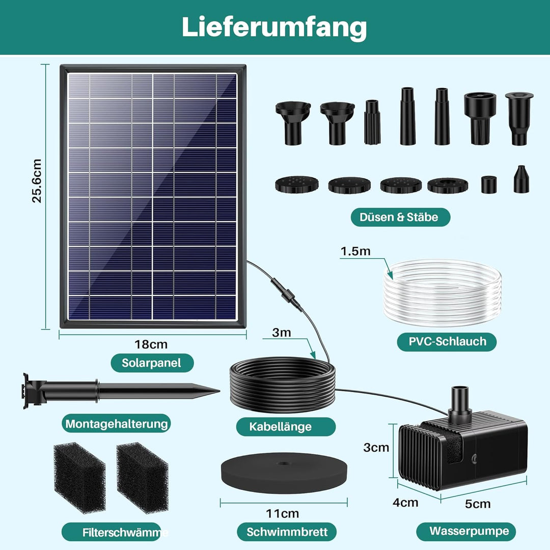Biling Solar Springbrunnen für Aussen mit 3600mAh Akku Solarbrunnen mit Glas Panel, Solar Teichpump