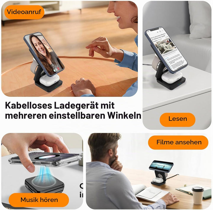 3 in 1 Faltbare Kabellose Ladestation, Induktive Ladestation für Apple Watch und Phone, Wireless Cha