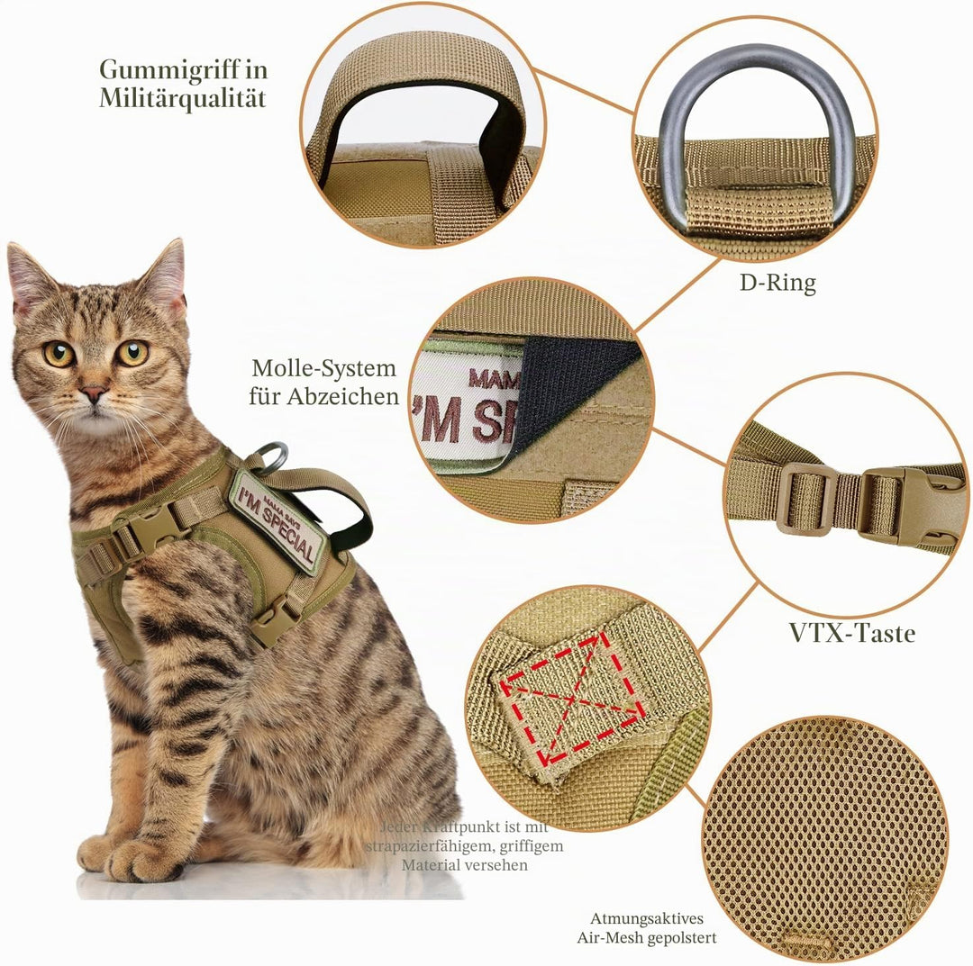 Taktisches Katzengeschirr für Spaziergänge, ausbruchsicher, weiches Netzgewebe, verstellbar, Haustie
