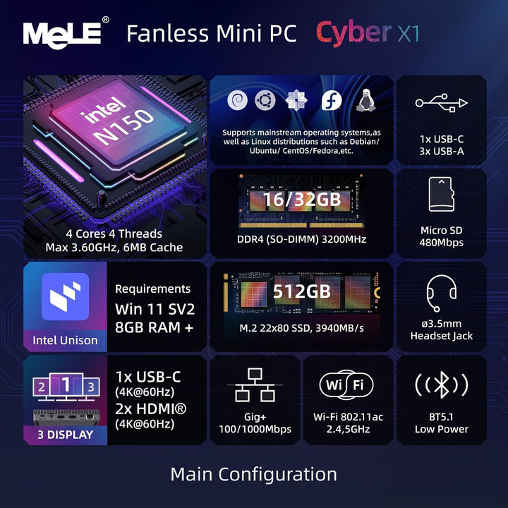 MeLE Cyber X1 Lüfterloser Mini PC 8GB DDR4 128GB ROM Micro PC Twin Lake N150(bis zu 3.6GHz) USB-C 2