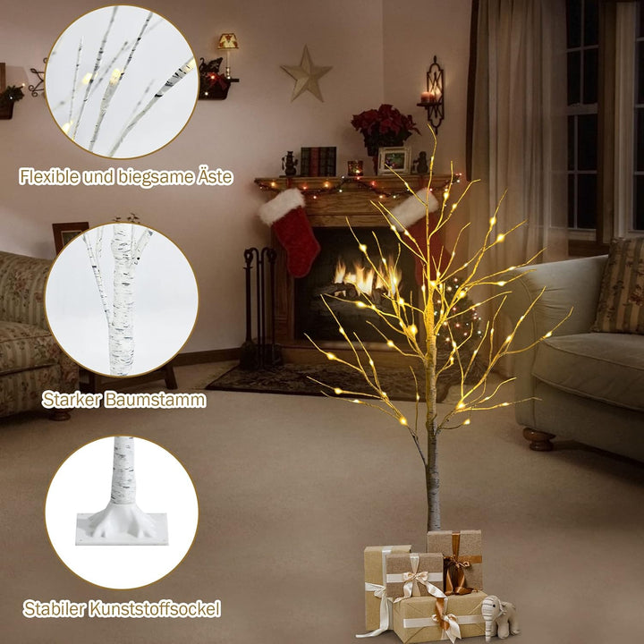 COSTWAY 120cm LED Lichterbaum, Birkenbaum mit warmweissen LED-Leuchten, künstlicher Weihnachtsbaum,