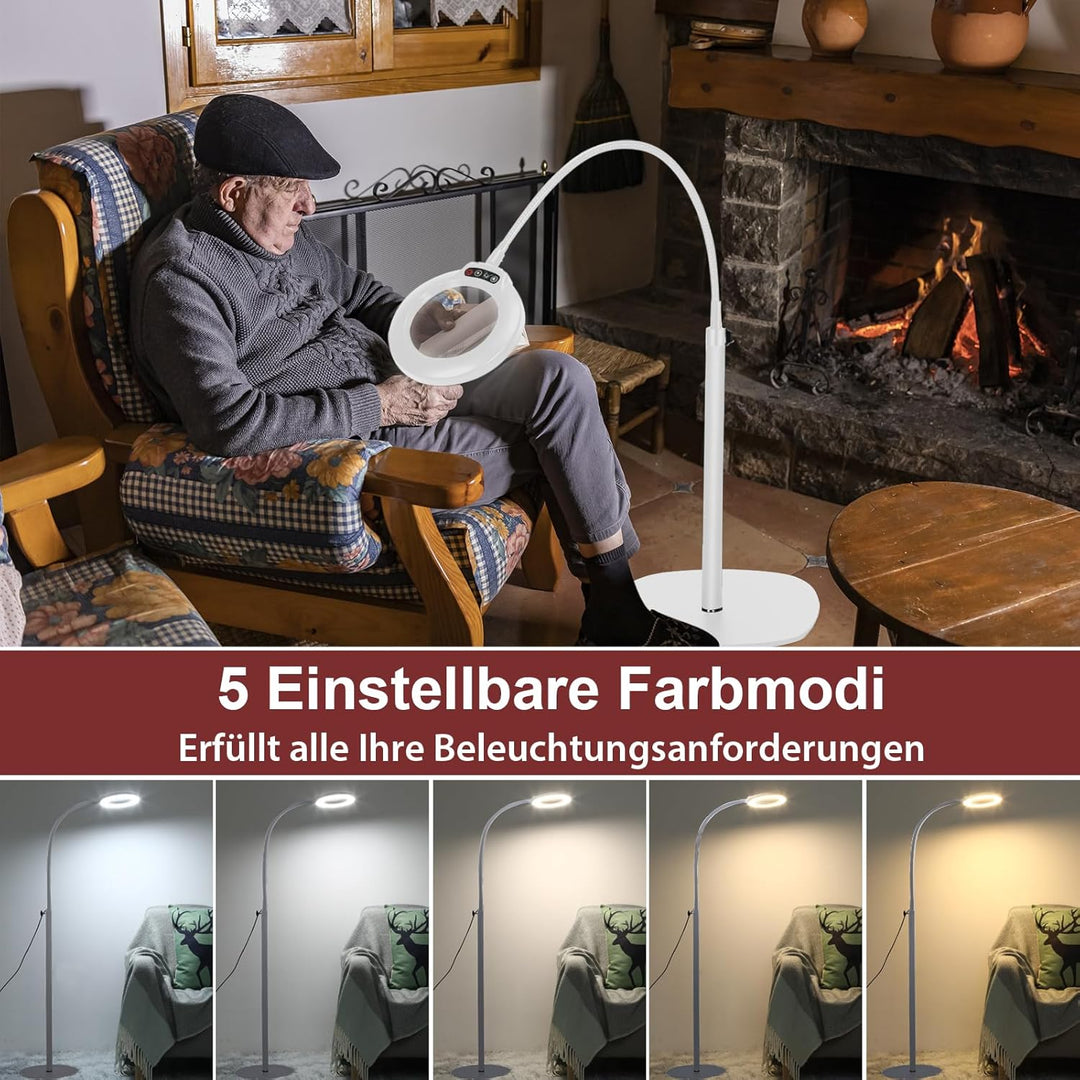 Veemagni 10X Lupe mit Licht und Ständer, 24“ Flexible Schwanenhals-Lupe Stehlampe, 5 Farbmodi Stufen