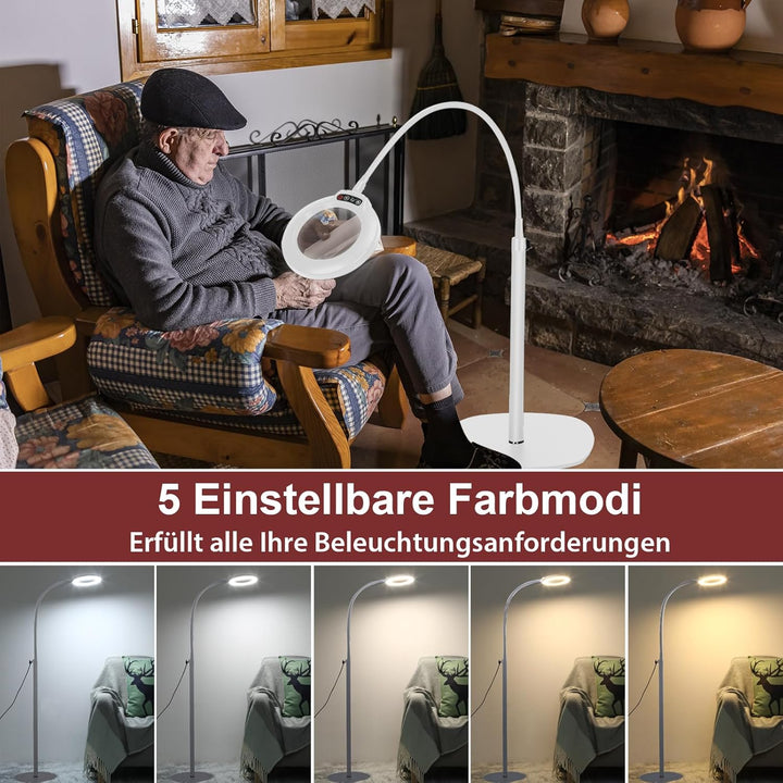 Veemagni 10X Lupe mit Licht und Ständer, 24“ Flexible Schwanenhals-Lupe Stehlampe, 5 Farbmodi Stufen