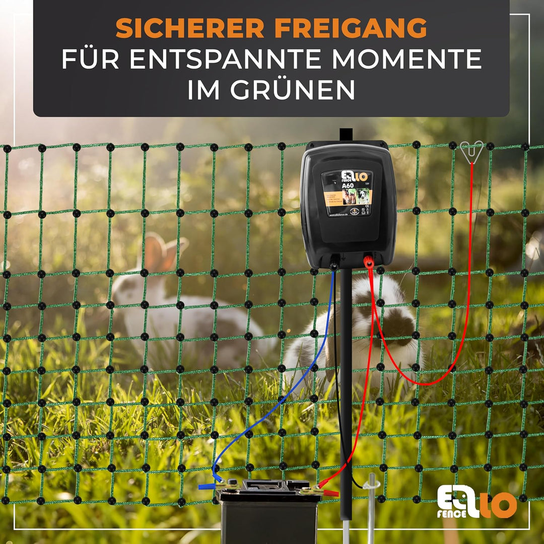 Weidezaun Kleintier Set - Leises 12V Akku Weidezaungerät, 12m elektrifizierbares Netz, Erdung & Zaun