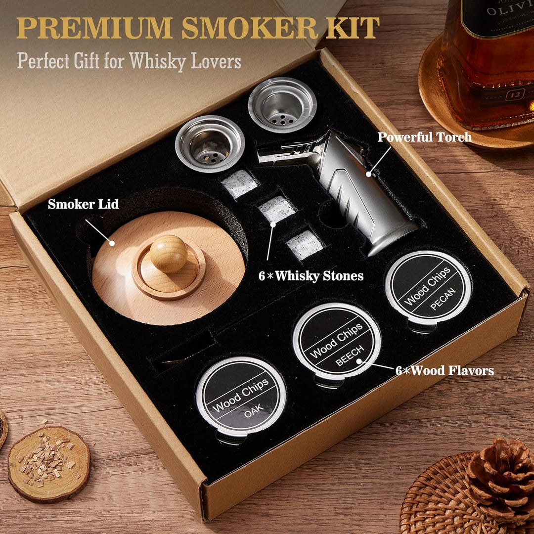 Cocktail Räucherset mit Fackel - Whiskey Smoker Kit mit 6 Holzspäne & 6 Granit Whiskey Steine - Old