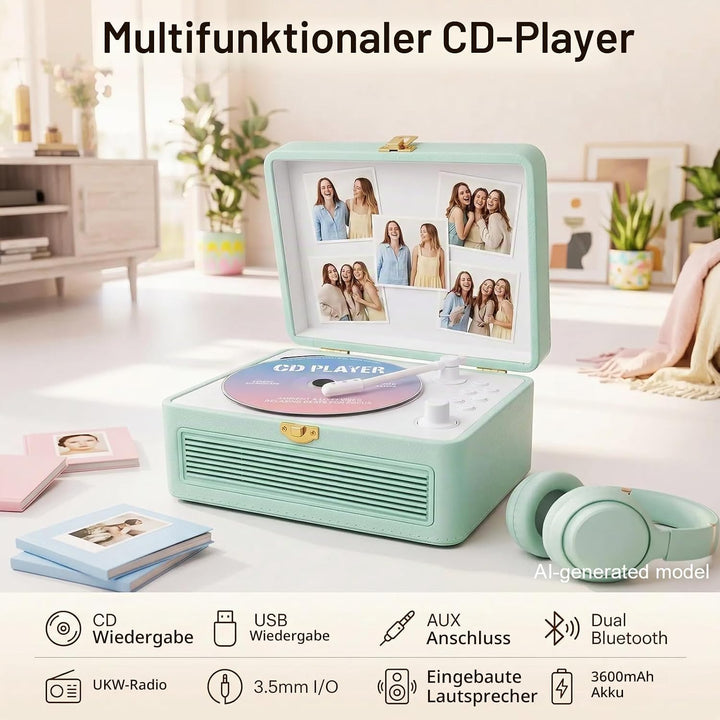 Gueray Tragbarer Bluetooth CD-Player mit Lautsprechern 3600mAh Wiederaufladbarer Vintage CD Spieler