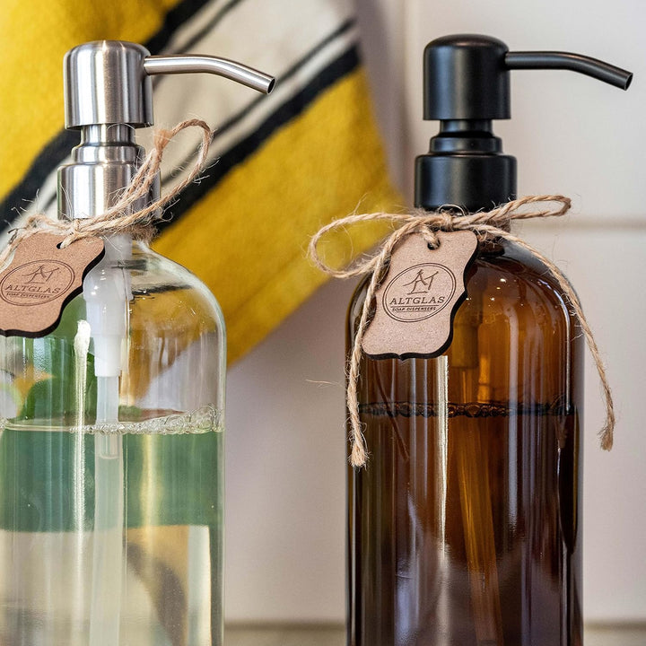 ALTGLAS Seifenspender 'Sarajevo' - Doppel Set Dusch Spender aus Klar Glas Flasche mit Silikon Unters