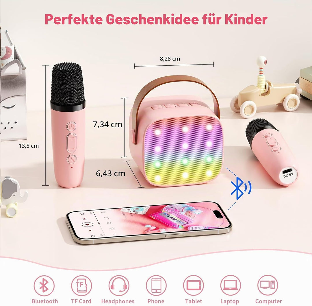Mini-Karaoke-Maschine mit 2 kabellosen Mikrofonen, Top-Tragbare Bluetooth-Karaoke-Maschine für Kinde