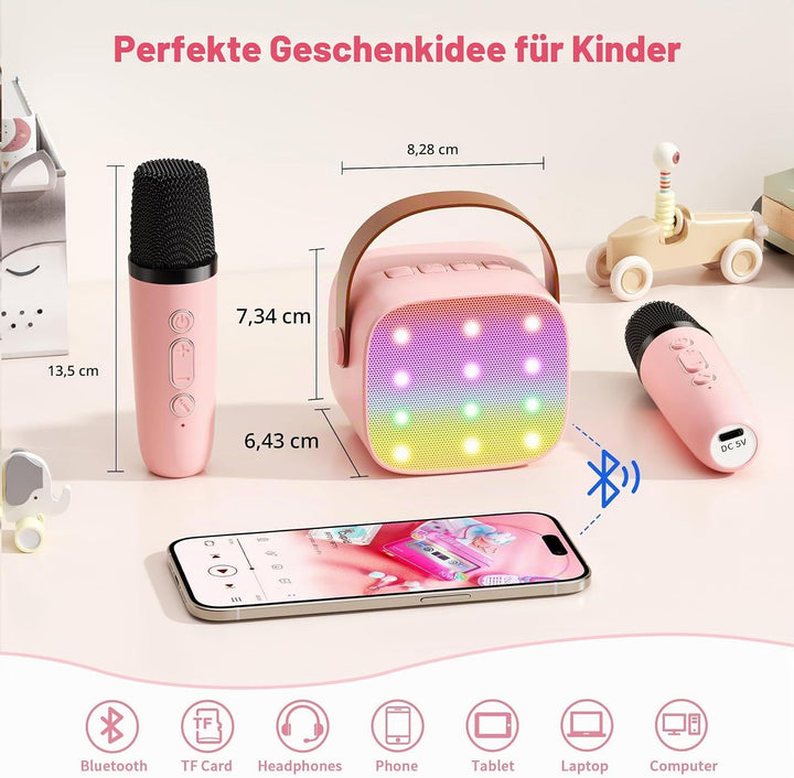 Mini-Karaoke-Maschine mit 2 kabellosen Mikrofonen, Top-Tragbare Bluetooth-Karaoke-Maschine für Kinde