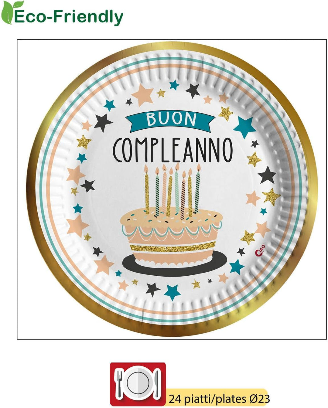 Partygeschirr Party-Set Buon Compleanno Shiny Gold für 24 Personen (112 pcs: 24 Pappteller Ø23cm, 24