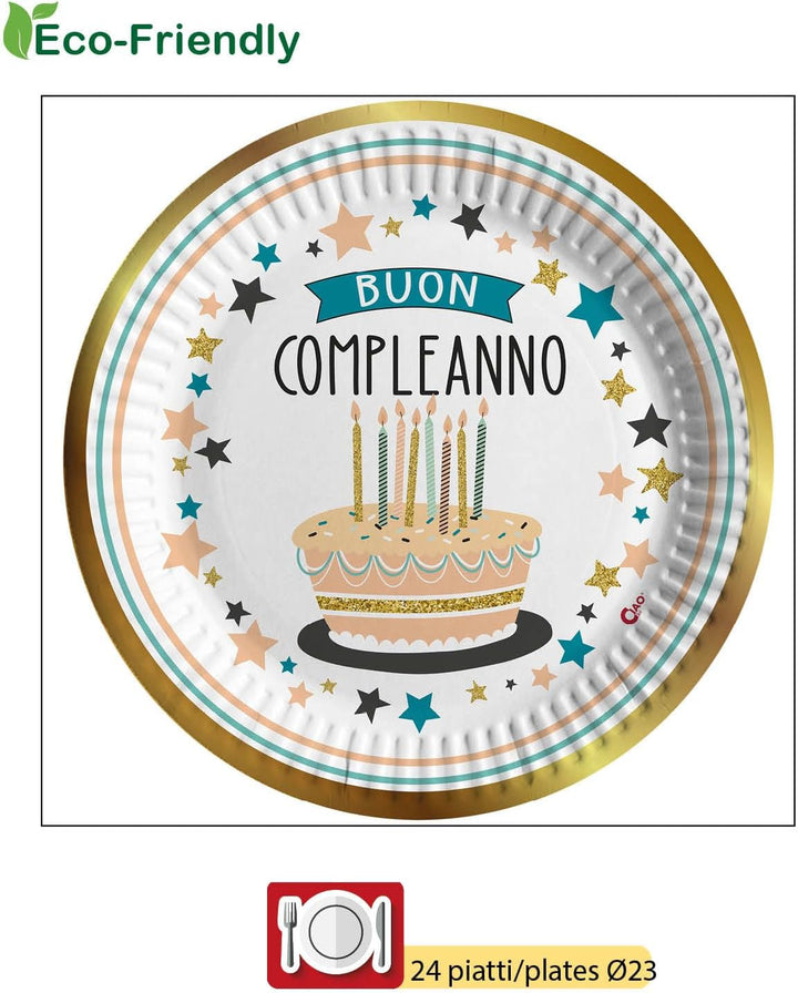 Partygeschirr Party-Set Buon Compleanno Shiny Gold für 24 Personen (112 pcs: 24 Pappteller Ø23cm, 24