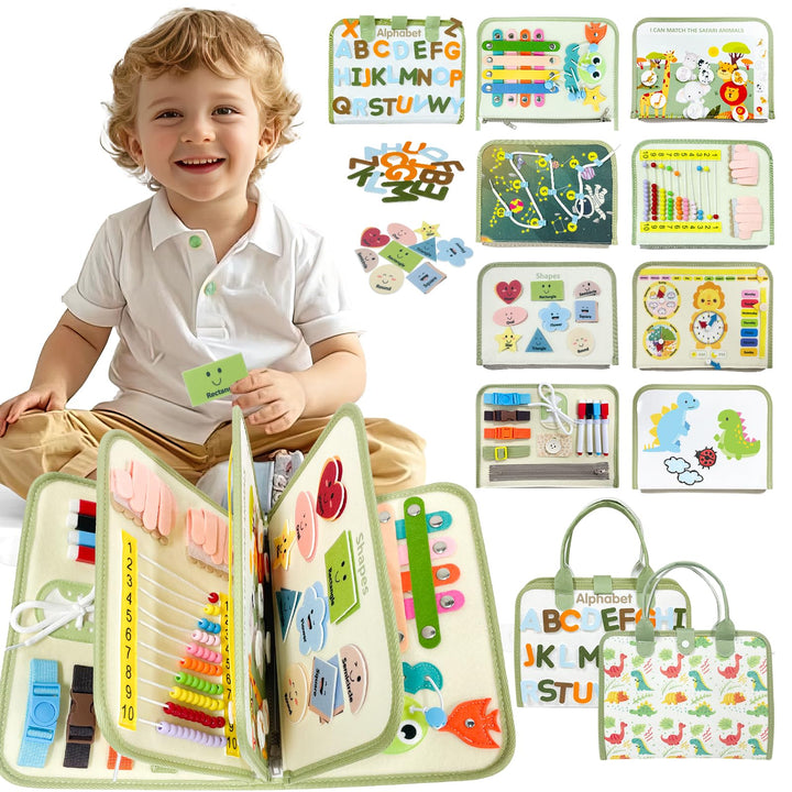 Busy Board, Montessori Spielzeug 1 2 3 4 Jahre, 9 in 1 Dinosaurier Quiet Book, Filz Activity Board,