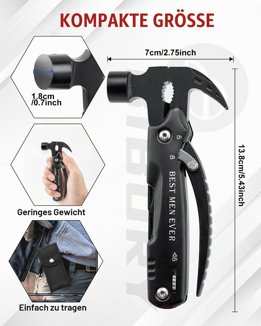 BIBURY Multitool Geschenke für Männer - 12 in 1 Multifunktionshammer Gadgets für Männer, Papa &amp; Opa