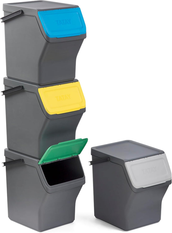 TATAY Mülltrennsystem Easy Waste 20L | 4er Set Recycling Behälter | Modular und Stapelbar | Deckel m