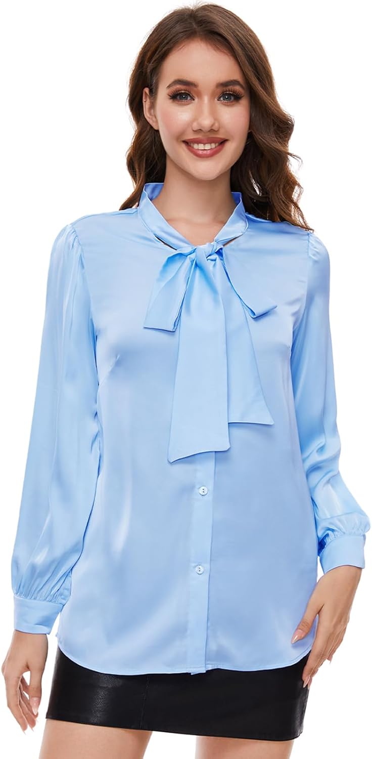 Tapata Bluse Damen Elegant Satin Button Down Hemd mit Schleife Female Hemdblus Langarm Business Lang