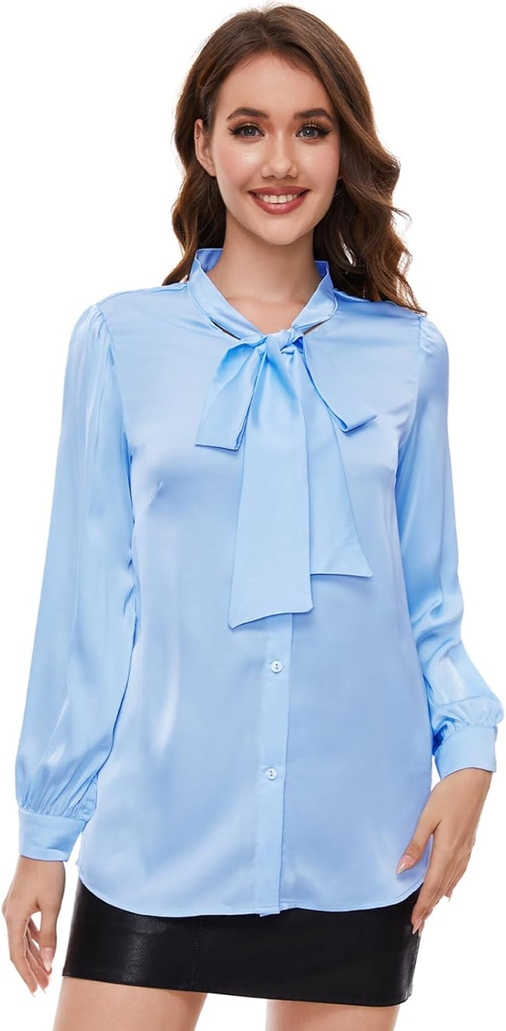 Tapata Bluse Damen Elegant Satin Button Down Hemd mit Schleife Female Hemdblus Langarm Business Lang