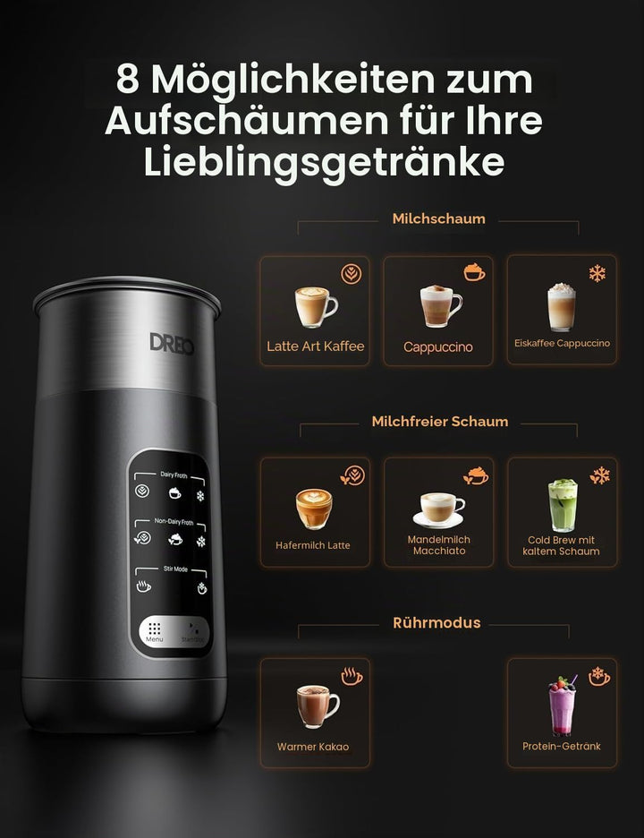 DREO Milchaufschäumer, 6-in-1 Elektrischer Milchschäumer für Latte Art Mikroschaum und Kaffee, 270ml