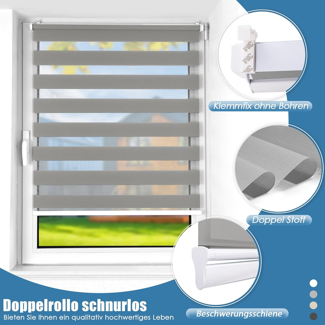 SBARTAR Doppelrollo schnurlos Klemmfix Rollos für Fenster ohne Bohren & zum Bohren, Hellgrau 75x120c