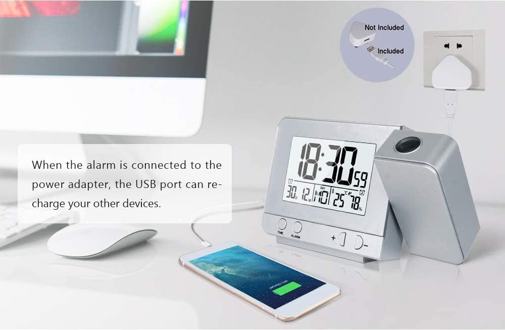 VORRINC Projektionswecker Digital Uhr mit USB Anschluss, Innentemperaturanzeige und Datumsanzeige, 4