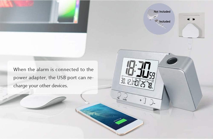 VORRINC Projektionswecker Digital Uhr mit USB Anschluss, Innentemperaturanzeige und Datumsanzeige, 4