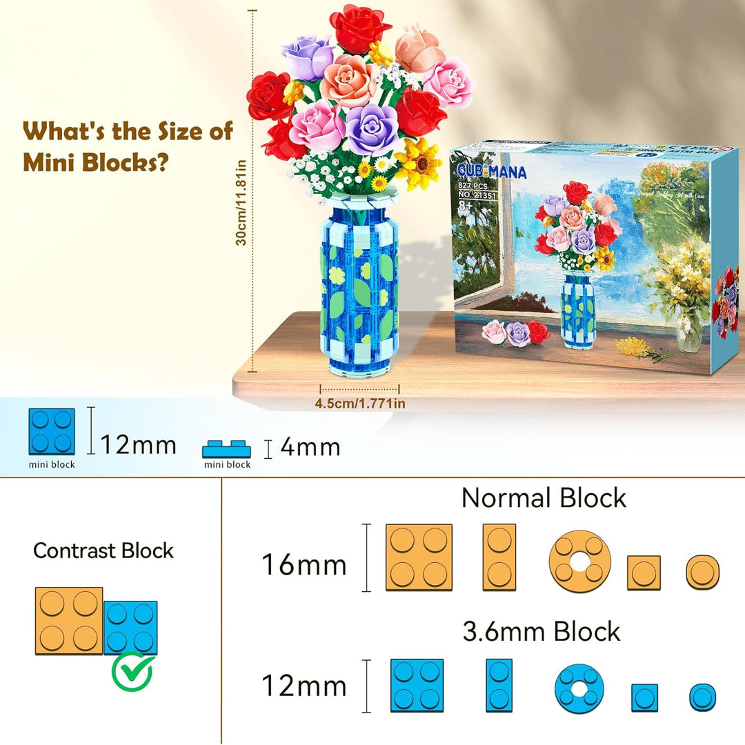 Rosen-Blumen-Bausatz mit Vase und LED-Licht, 16 Mini-Blumensträusse, botanisches Bausteinspielzeug f