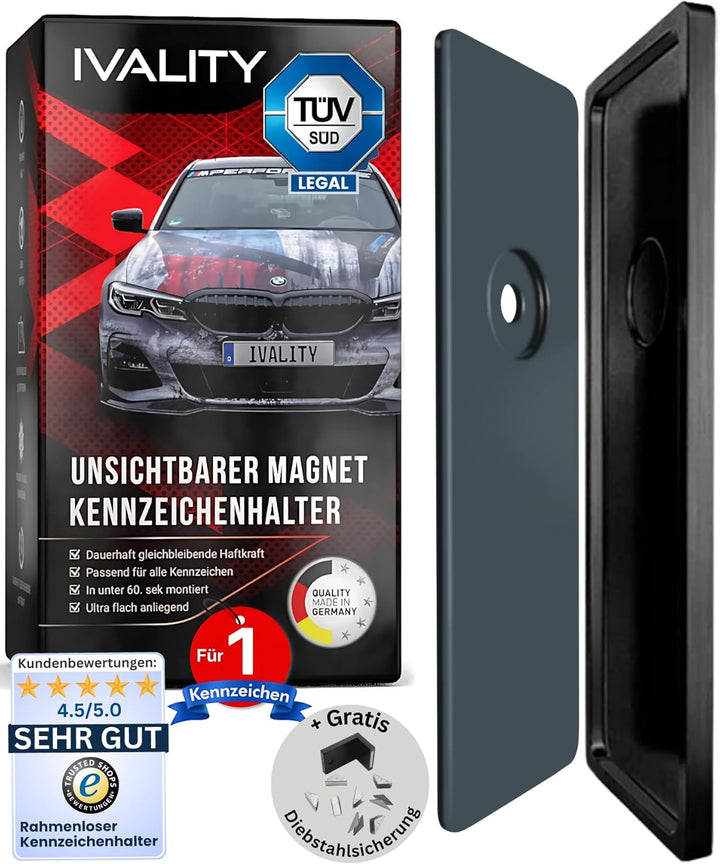 Ivality® Magnet Kennzeichenhalter Rahmenlos für 1 Kennzeichen | Magnetische Nummernschildhalterung A