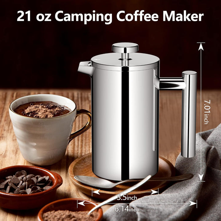 Kaffeebereiter French Press 0,6 Liter, 3 Tassen Doppelwandige Edelstahl Kaffeezubereiter Thermo,600m