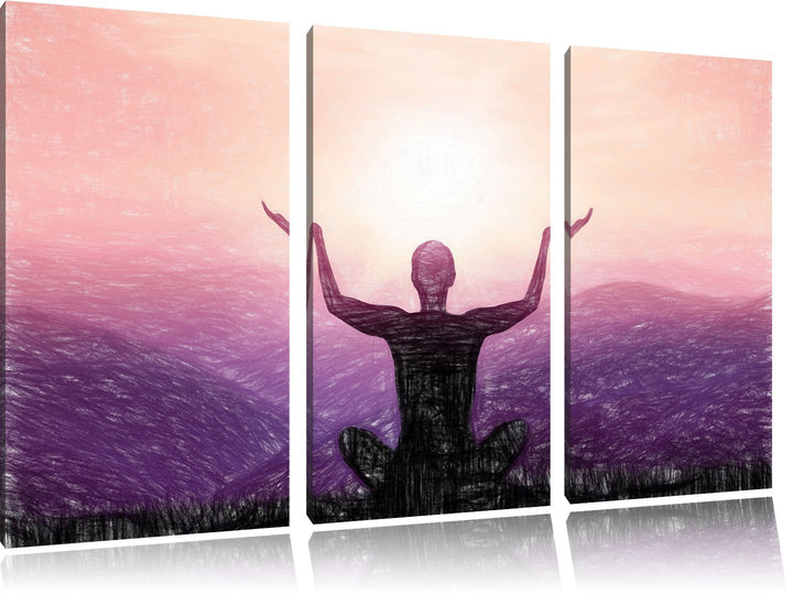 Pixxprint Yoga in den Bergen Kunst Buntstift Effekt 3-Teiler Leinwandbild 120x80 Bild auf Leinwand