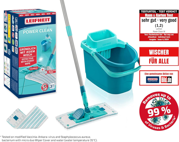 Leifheit Set POWER CLEAN, Wischer für Alle, rückenschonender Bodenwischer mit Reinigungsklingen, Wis