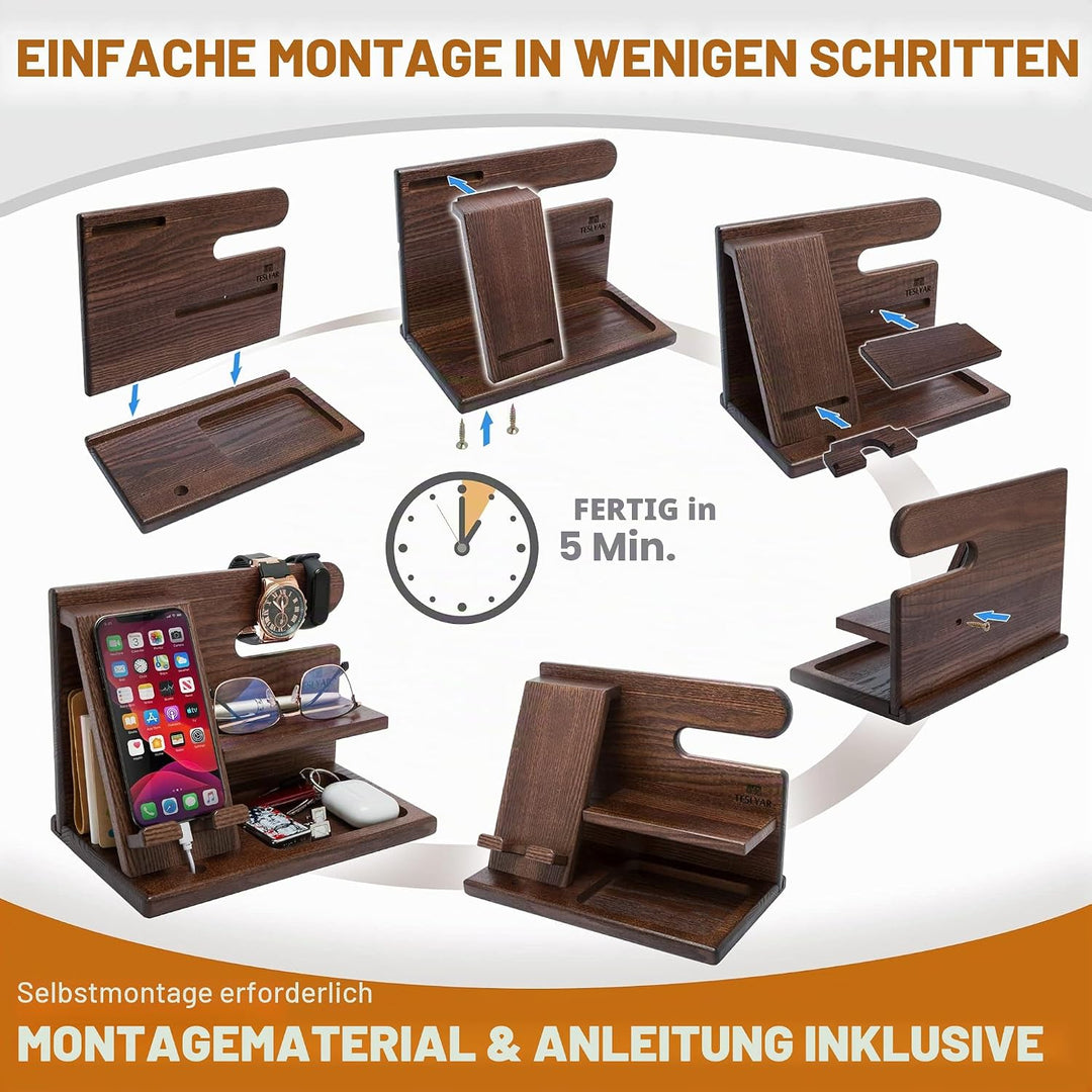TESLYAR Holz Handyhalter & Dockingstation - Organizer für Brieftasche Schlüssel & Uhr Valentinstag G