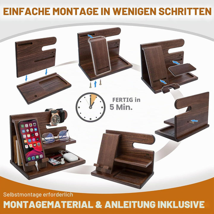 TESLYAR Holz Handyhalter & Dockingstation - Organizer für Brieftasche Schlüssel & Uhr Valentinstag G