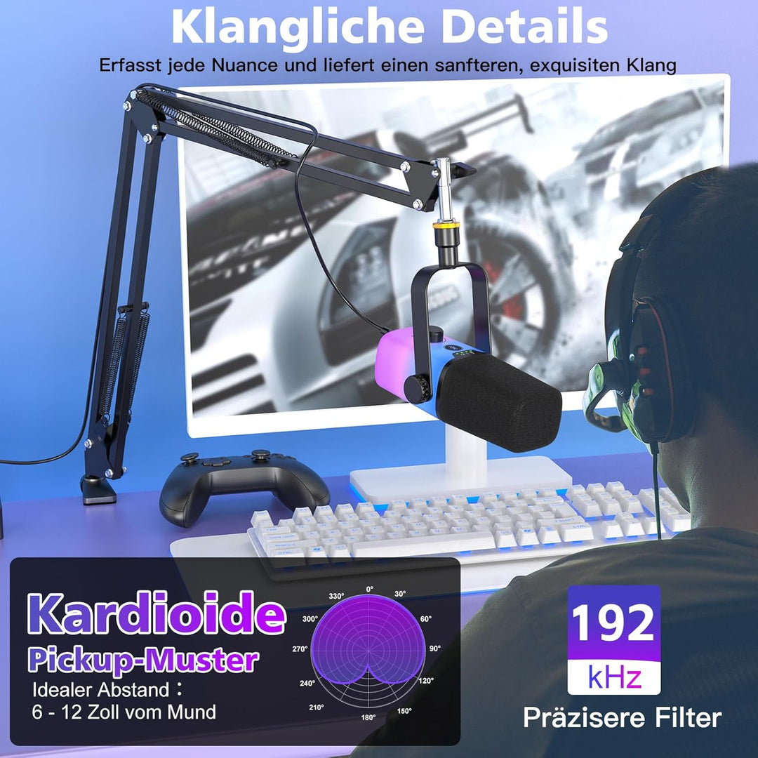 zealsound USB Gaming Mikrofon PC mit Arm – 192kHz Kondensatormikrofon mit Noise Cancelling, Stummsch