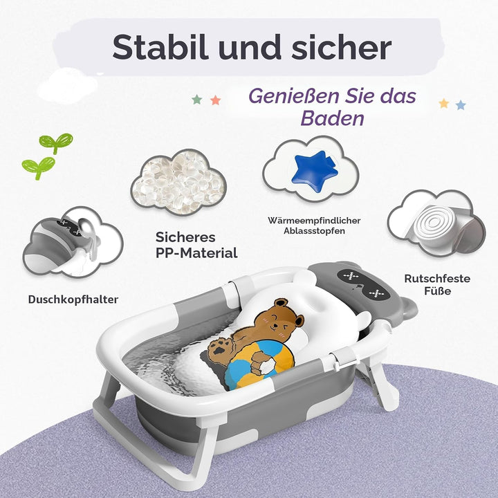 COOSEYA Baby Badewanne für 0-18 Monate, Faltbare Babybadewanne mit Weichem Polster und Temperaturemp