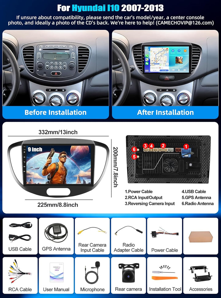 CAMECHO Qualcomm 8 Core 4G+64G Android 15 Autoradio für Hyundai I10 2007-2013 mit Navi Carplay Andro