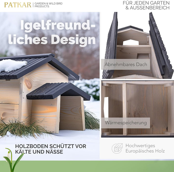 PATKAR Igelhaus Winterfest mit Boden [SCHÜTZT VOR FRESSFEINDEN] - Premium Igelfutterhaus (Made in Eu