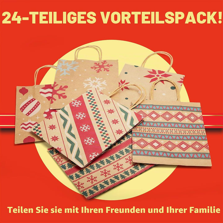 JOYIN 24 Stück Weihnachten Geschenktüten mit verschiedenen Weihnachtsmotiven, Kraftpapiertüten Gesch